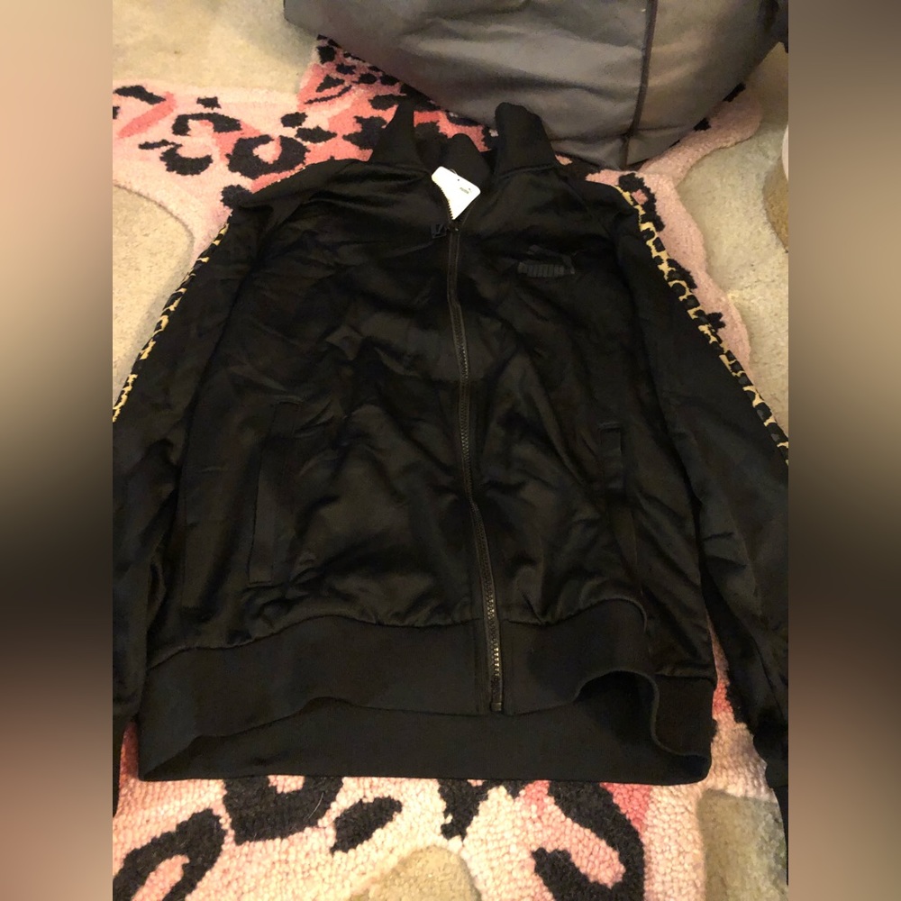 Black Puma Track Jacket with Leopard Stripes